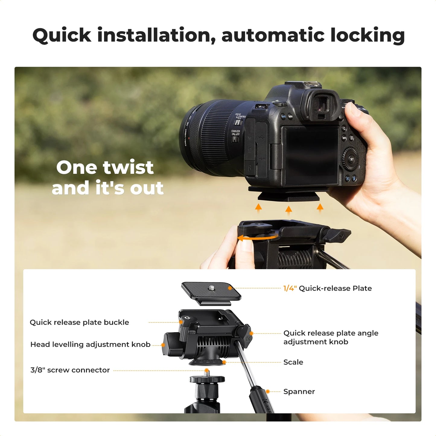 K&F 196cm Camera Tripod with 3-Way Head