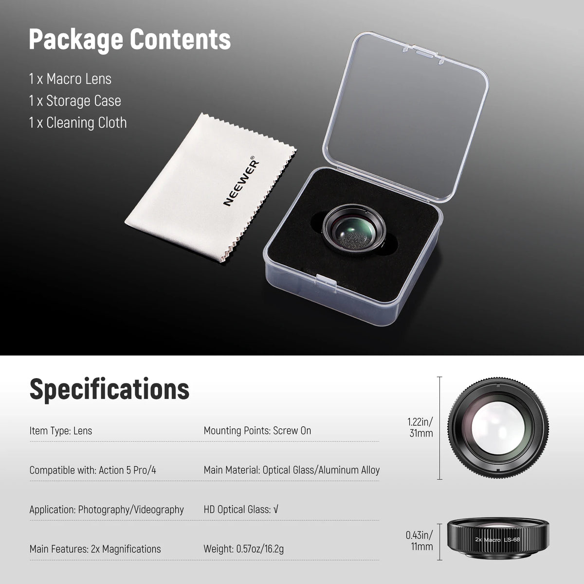 NEEWER 2x Macro Lens for DJI Osmo Action 5 Pro and Action 4