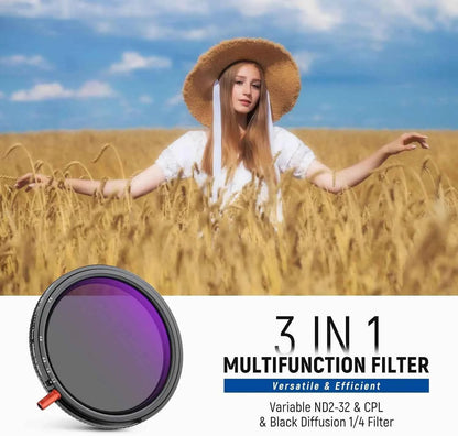 NEEWER 3-in-1 Variable ND, CPL & 1/4 Black Diffusion Filter
