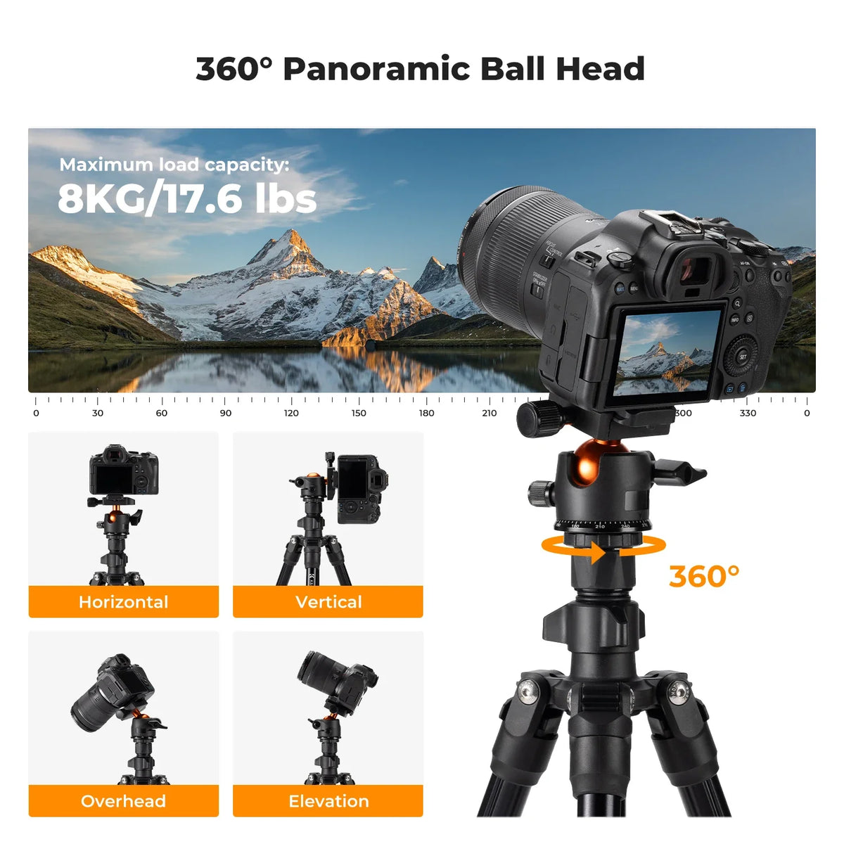 K&F O234A1 76 Inch Travel Tripod with Multi-Angle Centre Column