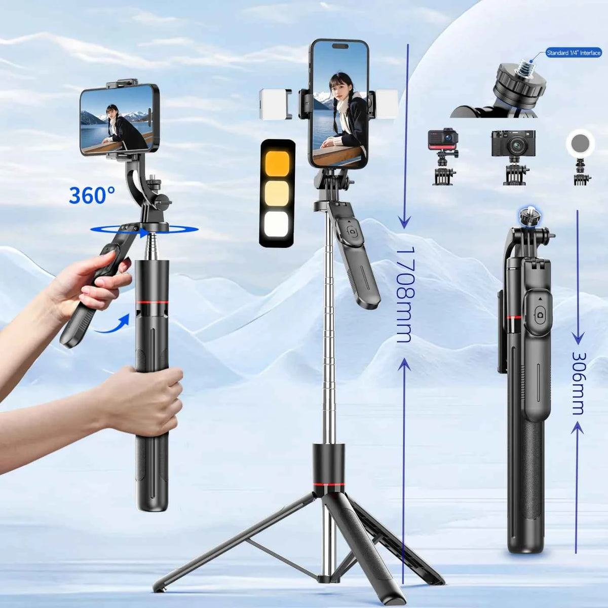 MEUYAG F16 170cm Selfie Stick Tripod with Fill Light