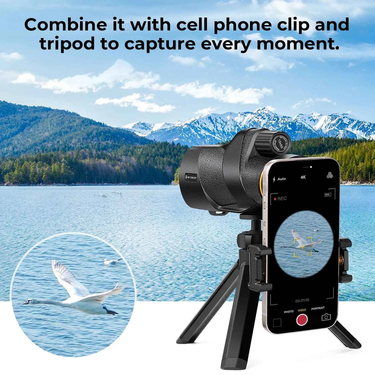 K&F 12x50 Waterproof Monocular Telescope with Phone Adapter