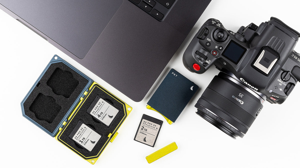 Angelbird AV PRO SE CFexpress B v4 cards in a professional storage workflow