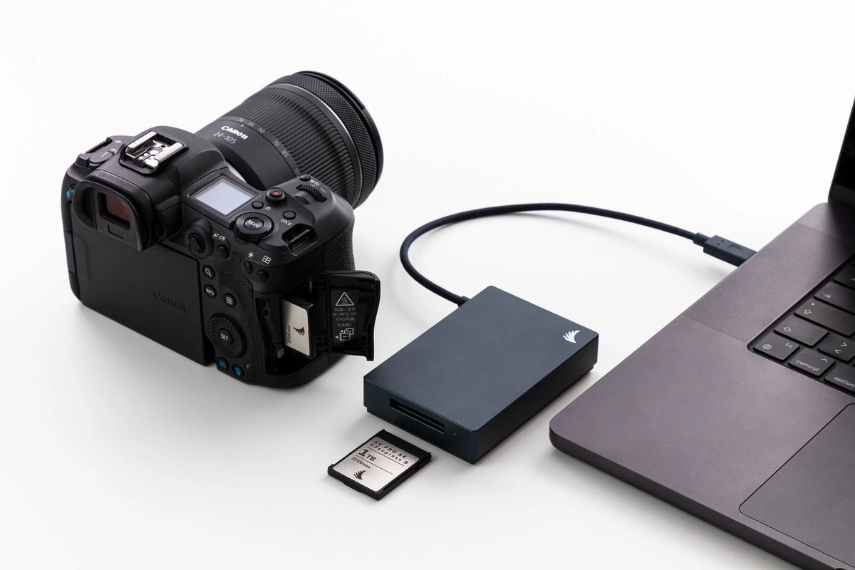 Angelbird Performance Card Reader CFexpress B with Canon camera and laptop