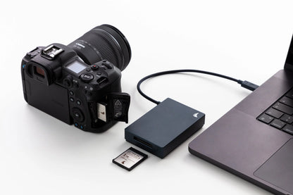 Angelbird Performance Card Reader CFexpress B with Canon camera and laptop