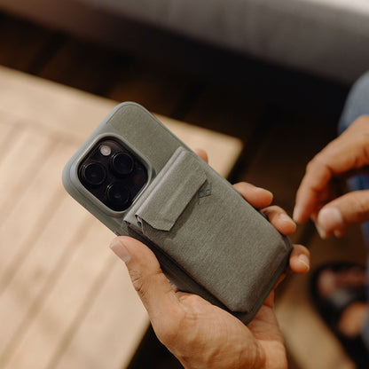 Peak Design Mobile Wallet Slim Nylon product detail and lifestyle image | Peak Design Australia | CameraHUB
