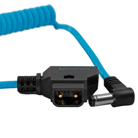 Kondor Blue D-Tap to 5.5 x 2.5mm DC coiled power cable in Kondor Blue connector detail
