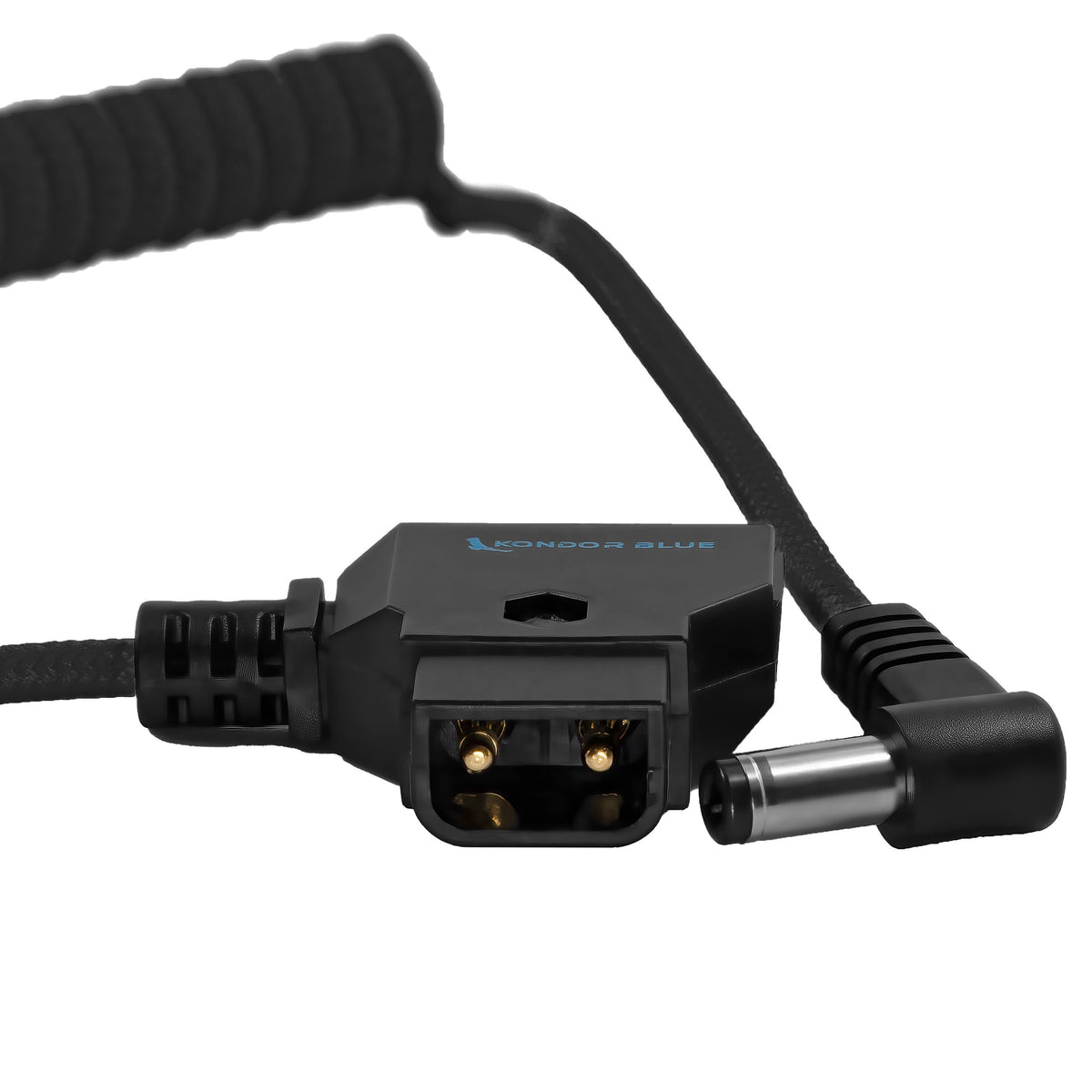 Kondor Blue D-Tap to 5.5 x 2.5mm DC coiled power cable in Raven Black connector detail