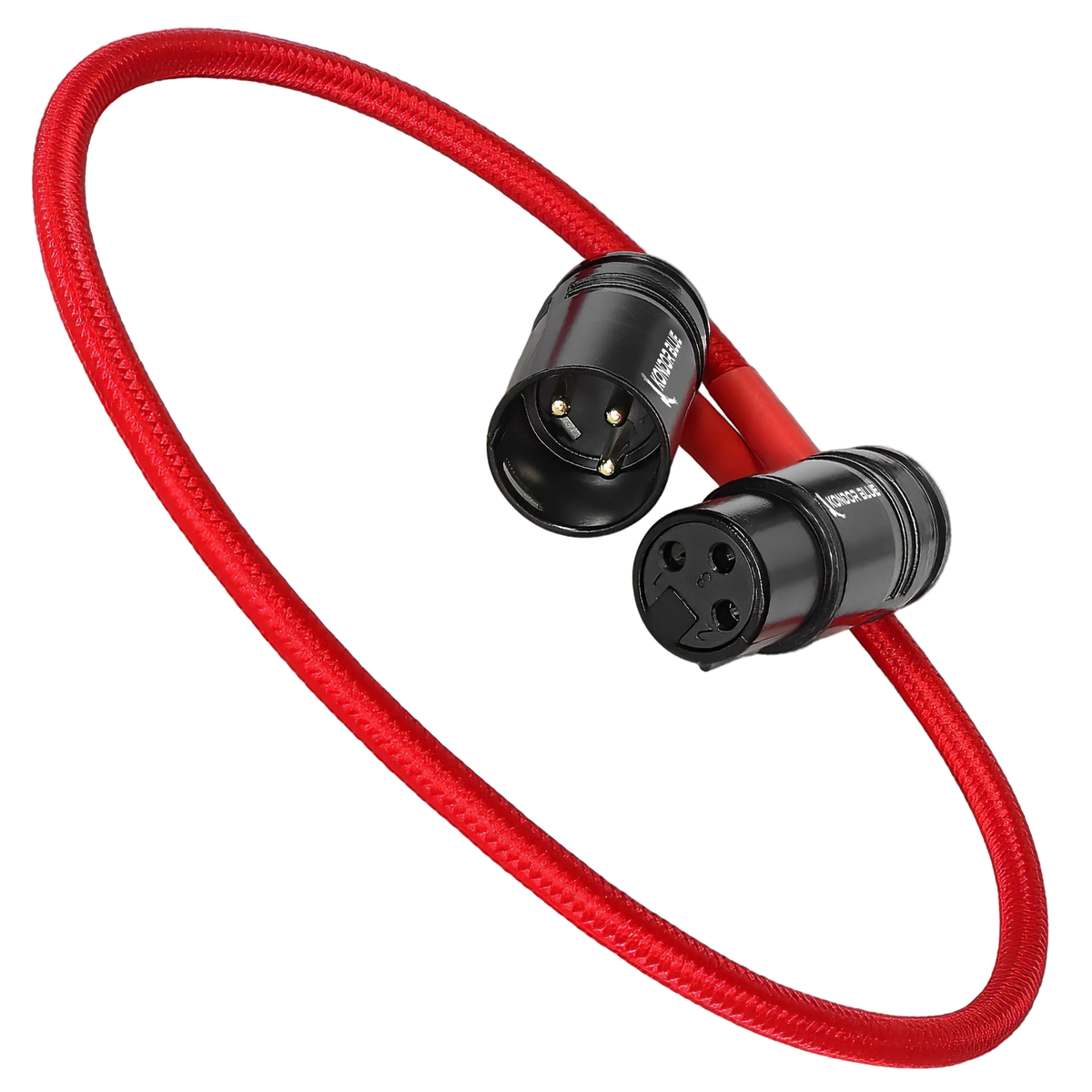 Kondor Blue 16 inch straight low-profile right-angle XLR cable Cardinal Red connector view