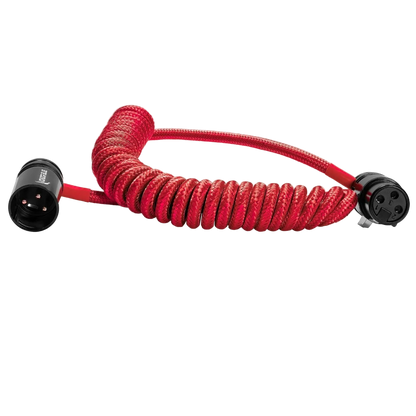 Kondor Blue 12 to 24 inch coiled low-profile right-angle XLR cable Cardinal Red connector view