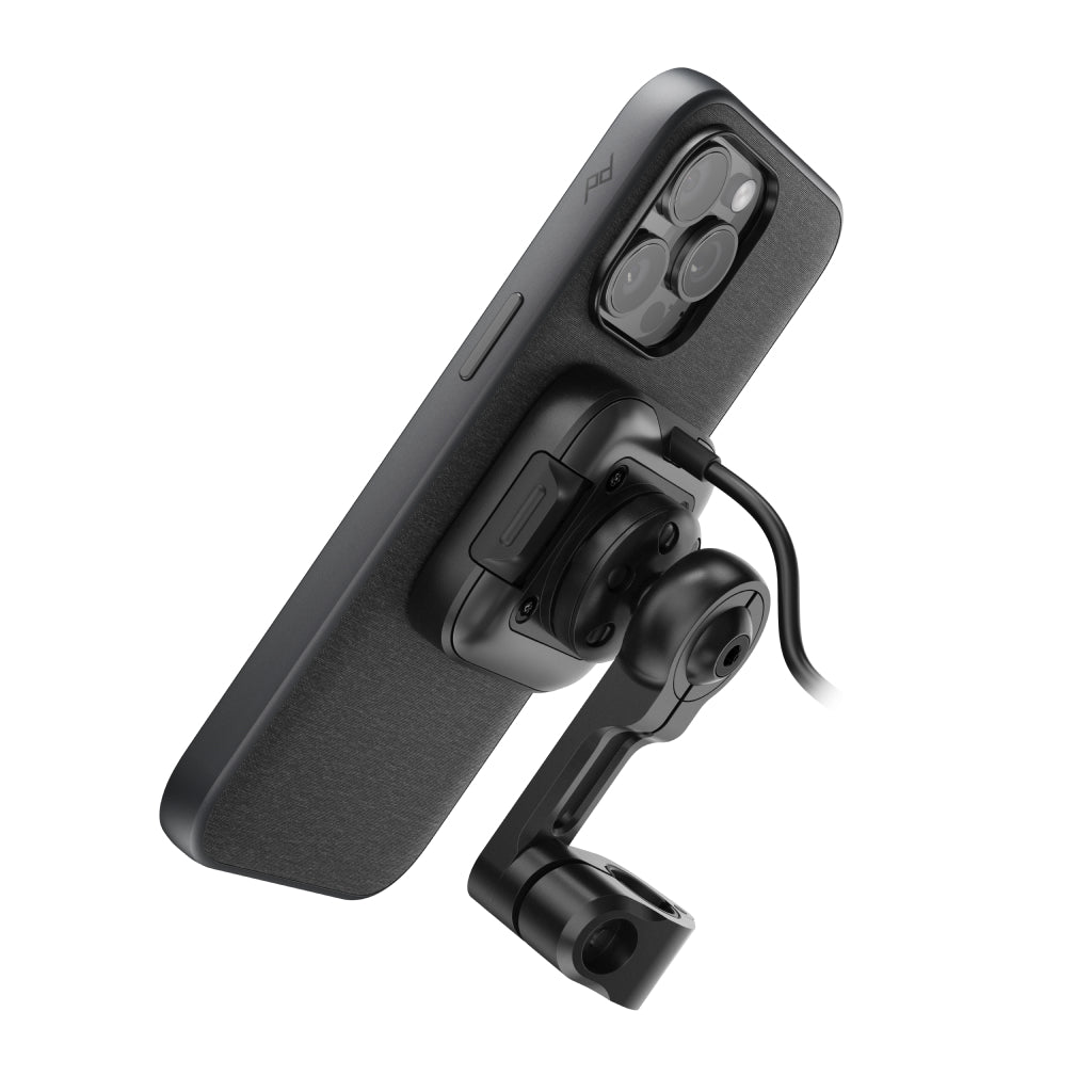 Peak Design Motorcycle Mirror Mount charging variant attached to phone