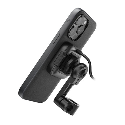 Peak Design Motorcycle Mirror Mount charging variant attached to phone