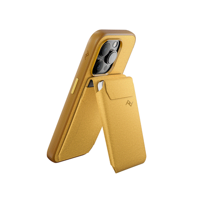Peak Design Mobile Stand Wallet Redwood attached to phone