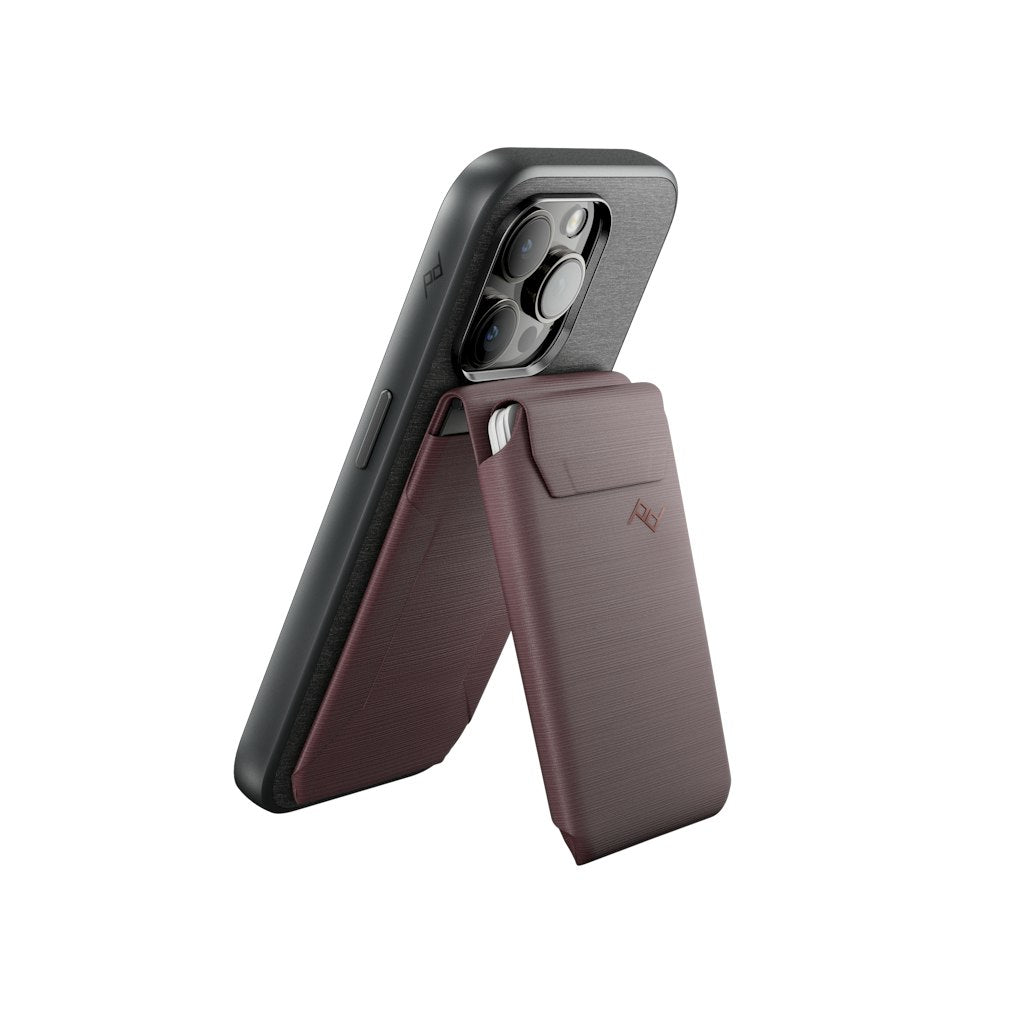 Peak Design Mobile Stand Wallet Eclipse attached to phone