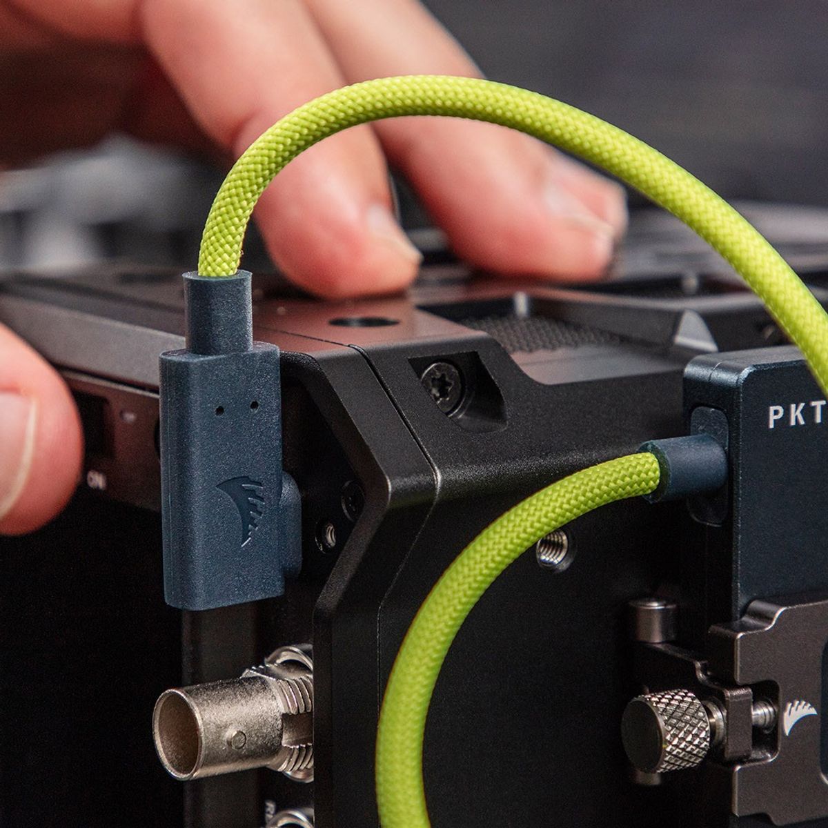 Angelbird USB-C 4.0 Solid Flex Lime cable connected on a camera rig