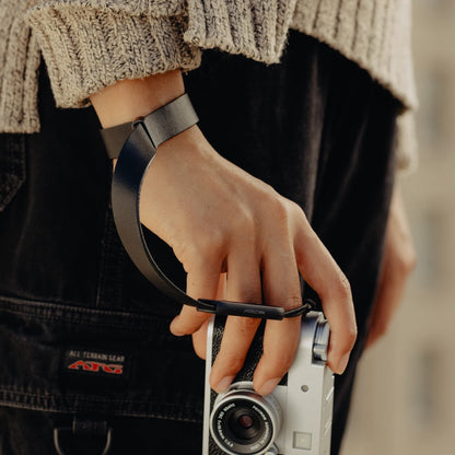 Peak Design Cuff Leather Camera Wrist Strap product detail and lifestyle image | Peak Design Australia | CameraHUB