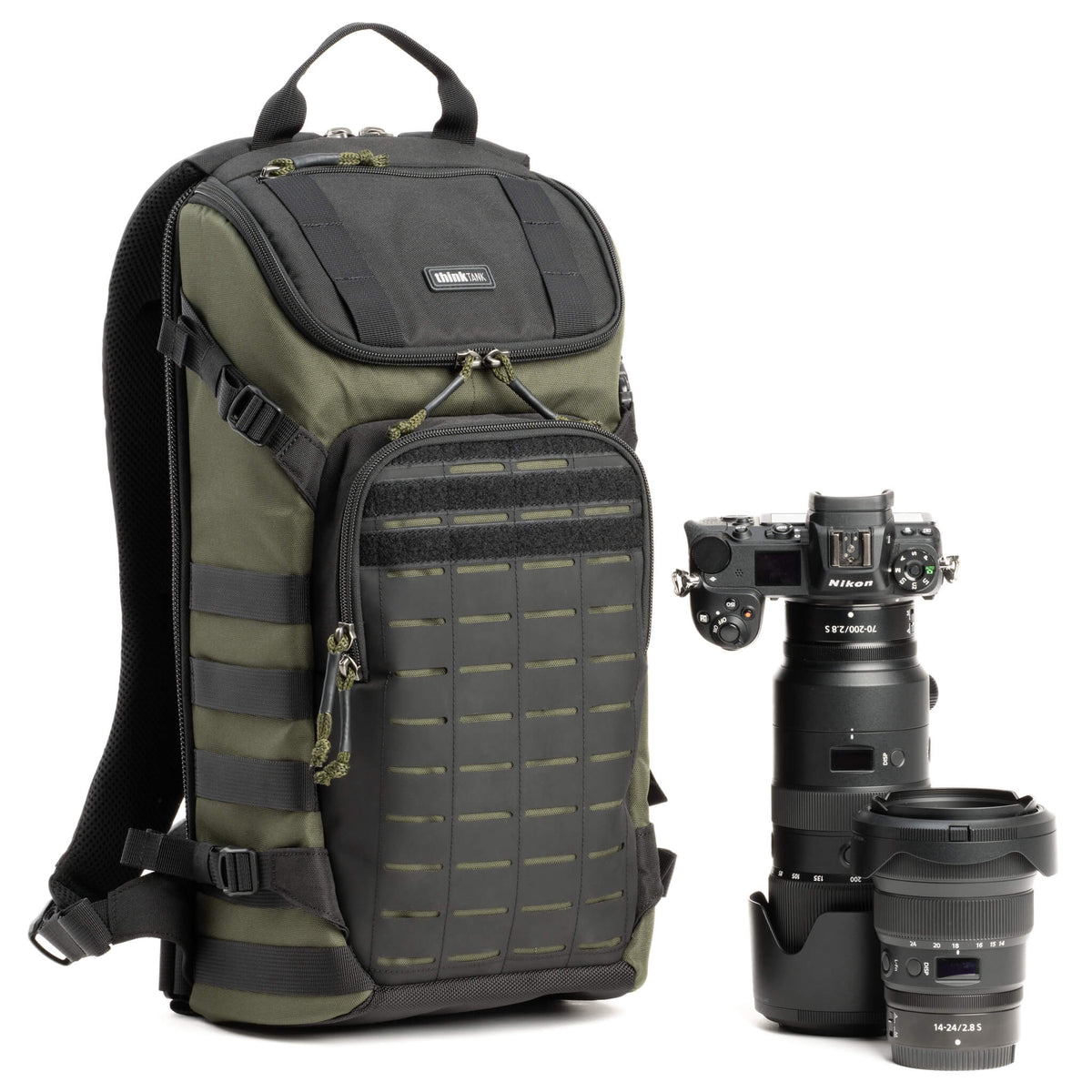 Think Tank DarkLight 14L Montane Green tactical camera backpack with photography gear