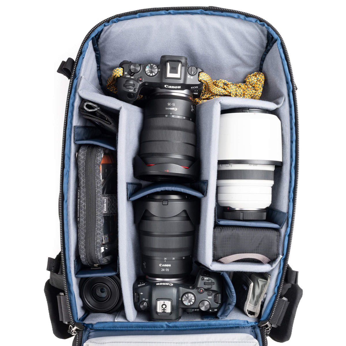 Think Tank DarkLight 20L configured with Canon camera bodies and lenses