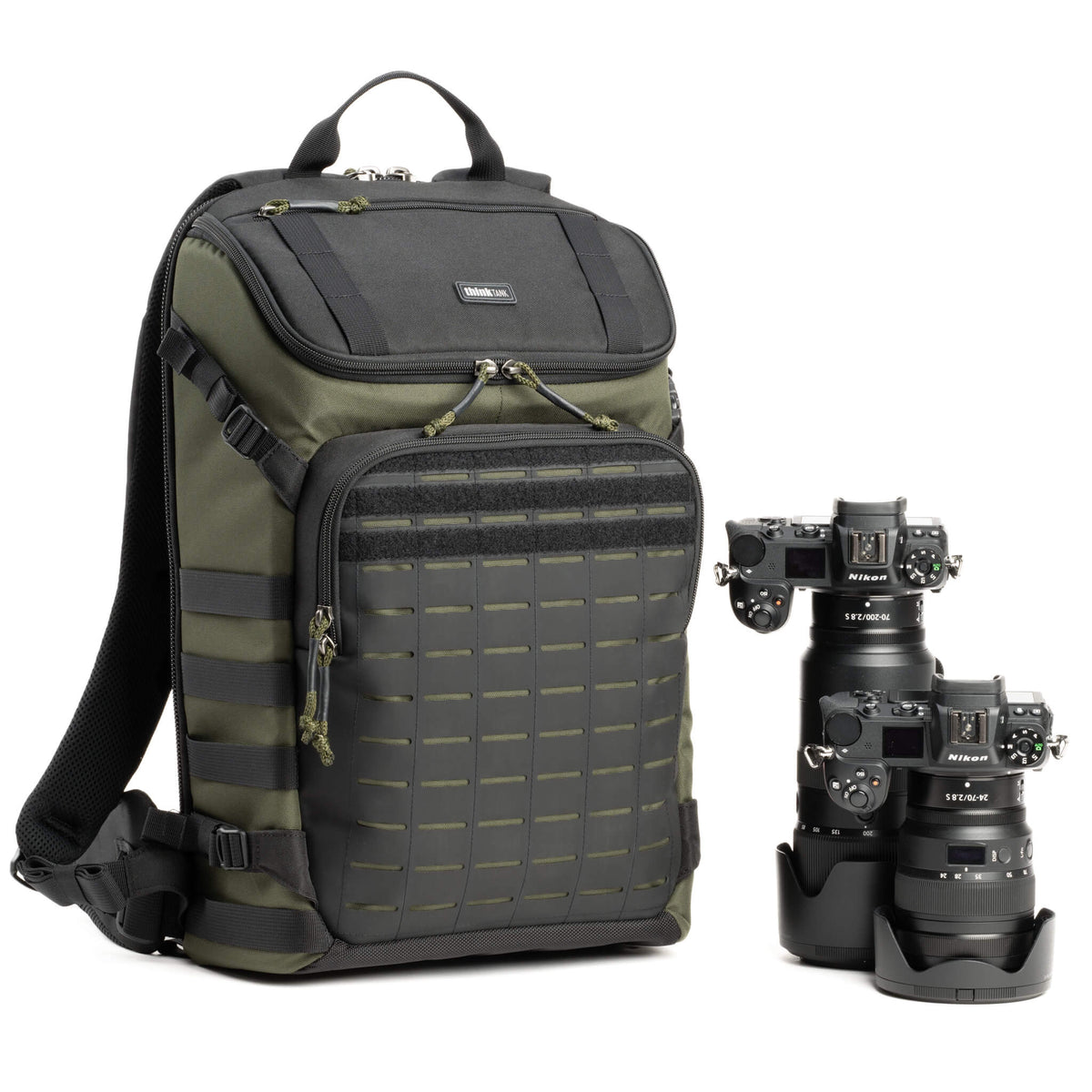 Think Tank DarkLight 20L Montane Green tactical camera backpack with photography gear