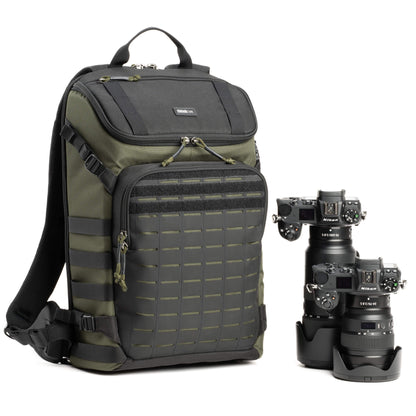 Think Tank DarkLight 20L Montane Green tactical camera backpack with photography gear