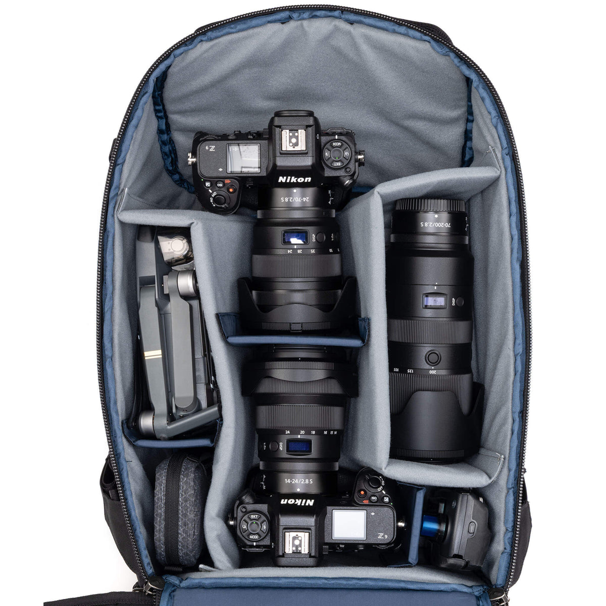 Think Tank DarkLight 25L configured with two camera bodies and lenses