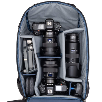 Think Tank DarkLight 25L configured with two camera bodies and lenses