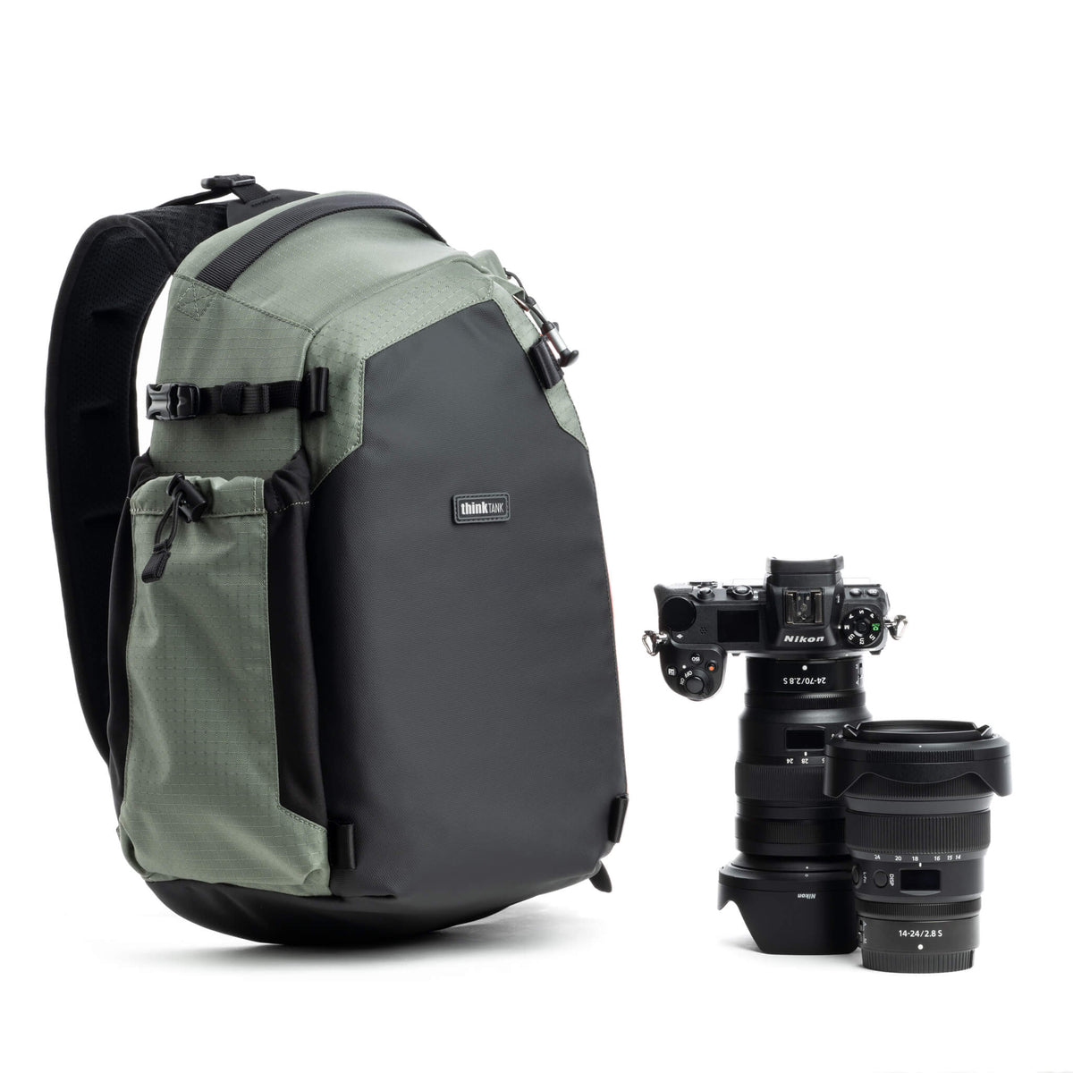 Think Tank PhotoCross 14L Desert Sage camera sling bag with camera gear