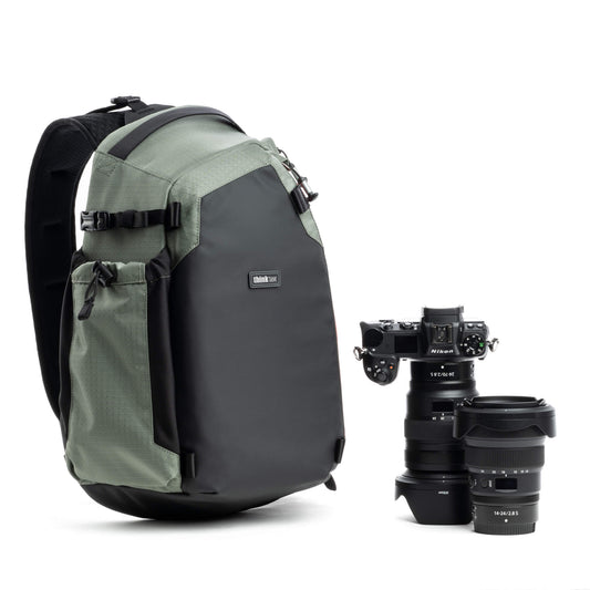 Think Tank PhotoCross 14L Desert Sage camera sling bag with camera gear