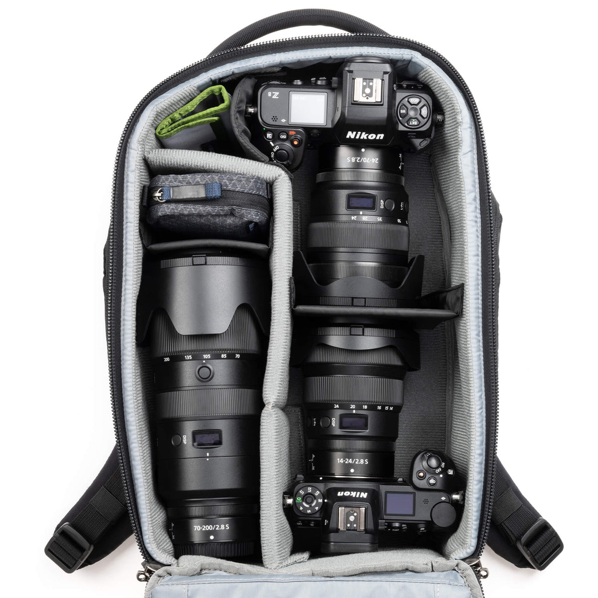 Think Tank Walker Pro 16L configured with Nikon camera bodies and lenses