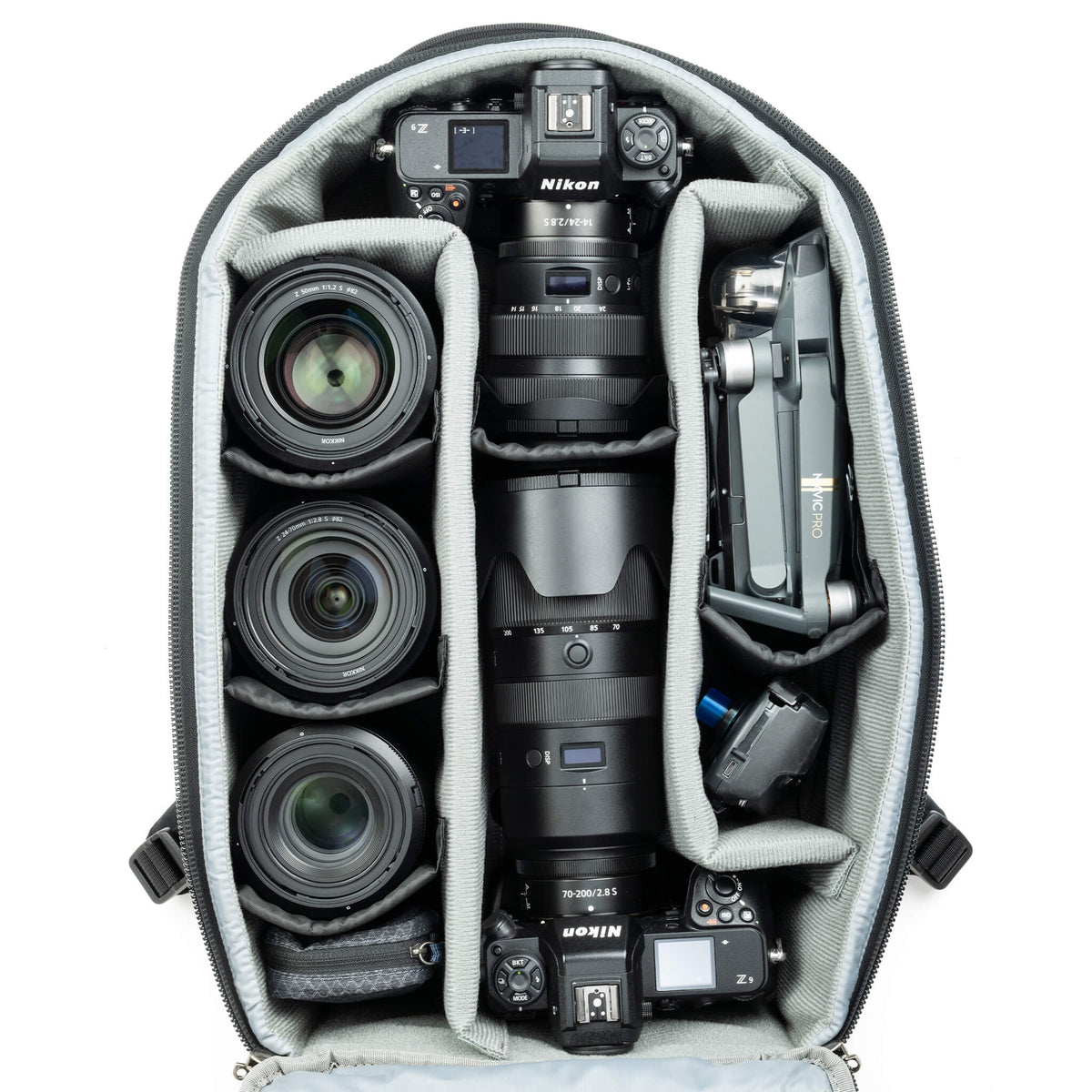 Think Tank Walker Pro 30L configured with Nikon camera bodies and lenses