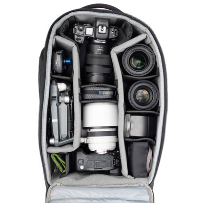 Think Tank Walker Pro Rolling Backpack configured with Canon camera bodies lenses and drone